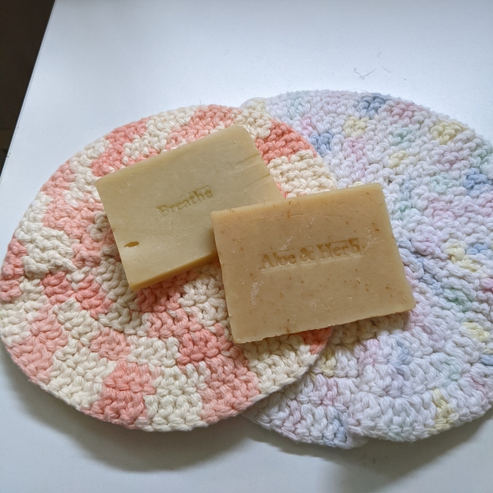 Vintage crochet circular, pastel multi and orange wash cloths with Natural Soaps